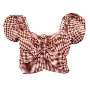 Rabbit Rose Red Gingham Twist Front Puff Sleeve Crop Top County Fair Western